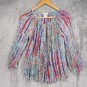 Sundance Silk Boho Peasant Sheer Blouse XS Multicolor Crinkle Puff Sleeve Top